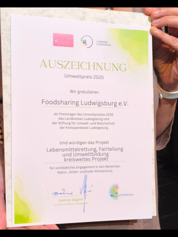 Urkunde des Ludwigsburger Umweltpreis 2025 für foodsharing Ludwigsburg